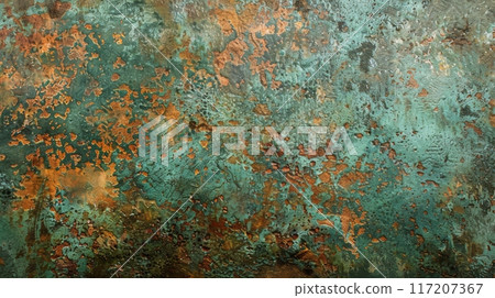 A close up shot of a copper surface covered with extensive rust 117207367