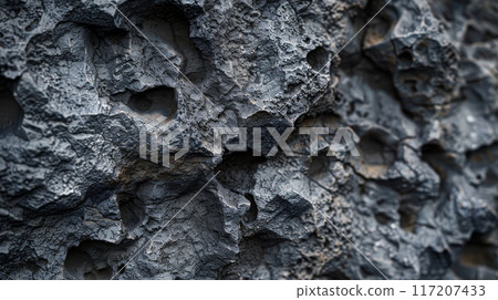 Close-Up Texture of Rough Volcanic Rock Surface in Gray and Black Tones for Nature and Geology Projects 117207433