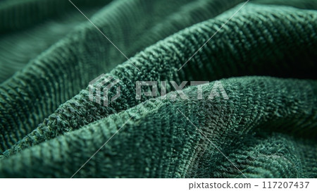 Close Up of Green Chenille Fabric with Plush Texture for Textile Design, Home Decor, Fashion, Upholstery, and Craft Projects 117207437