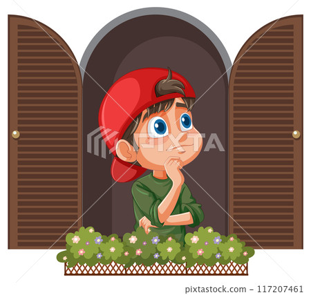 Boy Daydreaming at Window 117207461