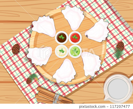 Festive Dumplings with Dipping Sauces Festive Dumplings with Dipping Sauces 117207477