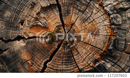 A detailed view of a tree trunk displaying the growth rings of a tree 117207603