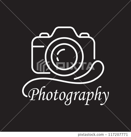Photography Logo Modern element of camera shape with classic typography Simple and clean line design Black background Photography Logo Modern element of camera shape with classic typography Simple and clean line design Black background 117207771