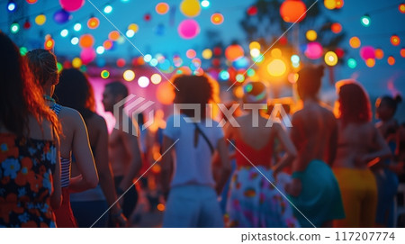 Summer Festival Celebration with Diverse Group of People, Brightly Colored Lanterns, and Festive Atmosphere - Ideal for Print, Card, and Poster Designs Summer Festival Celebration with Diverse Group of People, Brightly Colored Lanterns, and Festive Atmosphere - Ideal for Print, Card, and Poster Designs 117207774