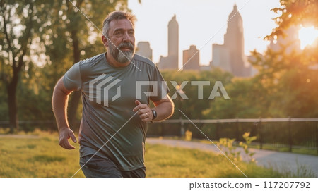 Middle-Aged Man with a Beard Jogging in Urban Park at Sunset for Fitness and Health Awareness 117207792