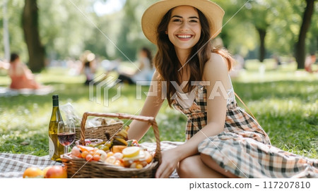 Young Woman Enjoying a Summer Picnic in the Park, Surrounded by Fresh Fruits, Wine, and Nature - Perfect for Travel, Lifestyle, and Outdoor Recreation Designs Young Woman Enjoying a Summer Picnic in the Park, Surrounded by Fresh Fruits, Wine, and Nature - Perfect for Travel, Lifestyle, and Outdoor Recreation Designs 117207810