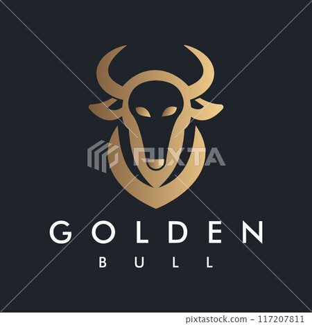 Modern and minimalist Golden Bull Head Illustration Logo on black background can be used for Finance and Investment Companies, Restaurants or Bars Modern and minimalist Golden Bull Head Illustration Logo on black background can be used for Finance and Investment Companies, Restaurants or Bars 117207811