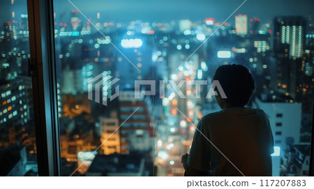 Urban Nightscape: Contemplative Silhouette of a Young Boy Overlooking a Luminous Cityscape 117207883