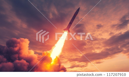 HighPerformance Military Rocket Launch at Dusk with Dramatic Cloudscape, Ideal for Defense Technology 117207910