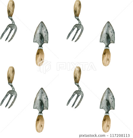 Gardening shovel with wooden handle and toe seamless pattern. HAnd drawn farm equipment background for fabric, wrapping paper, seed packing design 117208113