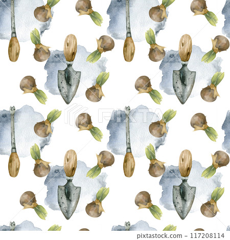 Farming tools metal vintage shovel with wooden handle, toe and spring flower bulbs seamless pattern. Gardening equipment background with watercolor splashes for wrapping paper, fabric, textile design 117208114