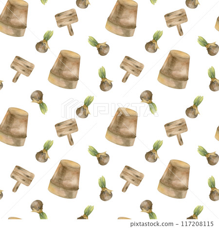 Gardening pattern with brown pot, wooden sign and spring flowers bulb. HAnd drawn nwatercolor background for farm fabric, wapping paper, flwering shop design, scrapbooking 117208115