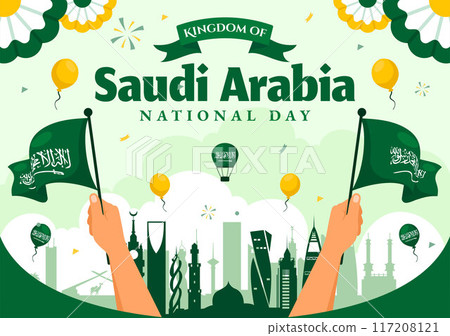 National Day of Saudi Arabia on 23rd September with Kingdom of Saudi Arabia Flag and Cityscape in Flat Background Vector Illustration 117208121