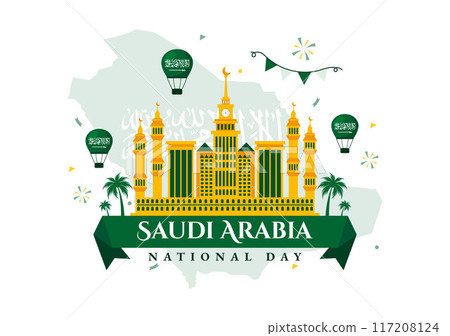 National Day of Saudi Arabia on 23rd September with Kingdom of Saudi Arabia Flag and Cityscape in Flat Background Vector Illustration National Day of Saudi Arabia on 23rd September with Kingdom of Saudi Arabia Flag and Cityscape in Flat Background Vector Illustration 117208124