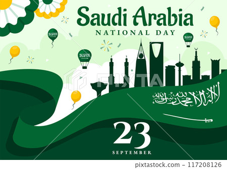 National Day of Saudi Arabia on 23rd September with Kingdom of Saudi Arabia Flag and Cityscape in Flat Background Vector Illustration 117208126