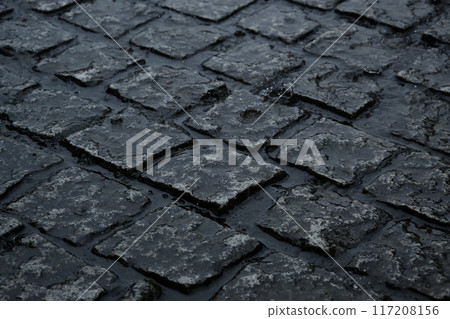 cobblestone ground wet with rain 117208156
