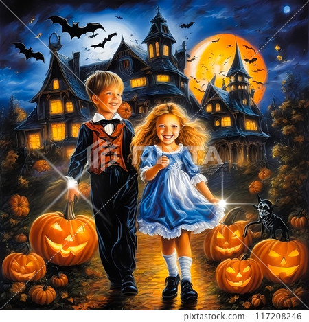 [Illustration material] The haunted house in the valley - A Halloween night full of smiles and a mysterious mansion / Inoue Kantaro / Boys and girls 117208246