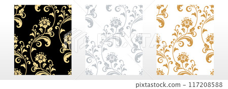 Wallpapers in the style. Seamless vector backgrounds. Set of colored floral ornaments. Graphic patterns for fabric, wallpaper, packaging. Ornate Damask flower ornaments. 117208588