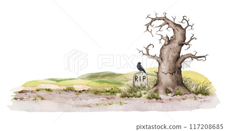 Halloween mood countryside landscape scene decor. Hand drawn old grave under a thick tree, autumn field, black raven. Halloween mood traditional scary decoration background Halloween mood countryside landscape scene decor. Hand drawn old grave under a thick tree, autumn field, black raven. Halloween mood traditional scary decoration background 117208685