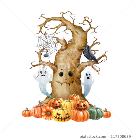 Halloween festive spooky decor with pumpkins. Hand drawn old thick tree, pumpkin pile, black raven and couple of ghosts. Halloween traditional scary decoration on white background Halloween festive spooky decor with pumpkins. Hand drawn old thick tree, pumpkin pile, black raven and couple of ghosts. Halloween traditional scary decoration on white background 117208689