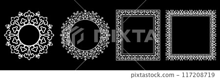 Set of decorative frames Elegant vector element for design in Eastern style, place for text. Floral black and white borders. Lace illustration for invitations and greeting cards. Set of decorative frames Elegant vector element for design in Eastern style, place for text. Floral black and white borders. Lace illustration for invitations and greeting cards. 117208719