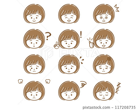 Simple icon set of various facial expressions of girls 117208735