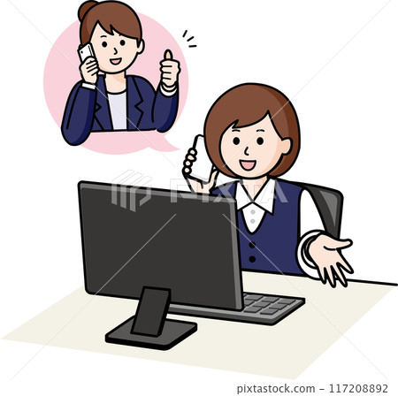 A female employee reporting to her boss by phone 117208892