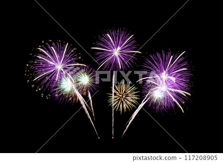 Beautiful purple fireworks sparkling on night sky. Beautiful purple fireworks sparkling on night sky. 117208905