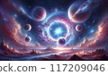 A fantasy space illuminated by a shining blue planet 117209046