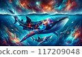 A mother and child whale shark swimming in the rainbow-colored ocean of space 117209048