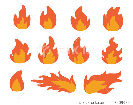 Red and orange fire flame, fire flat line icons, flames, flame of various shapes 117209084