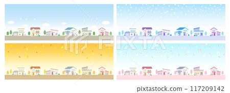 Illustration of a streetscape: four seasons in spring, summer, autumn and winter, and a residential area with rows of houses 117209142