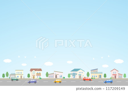 城市景觀插圖藍天和房屋排列的住宅區 城市景觀插圖藍天和房屋排列的住宅區 117209149