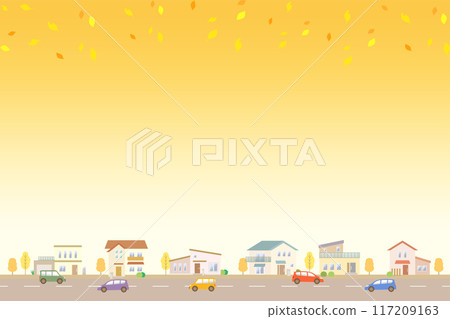 秋天的城市景觀與落葉跳舞的插圖 住宅區的景觀排列著房屋 117209163