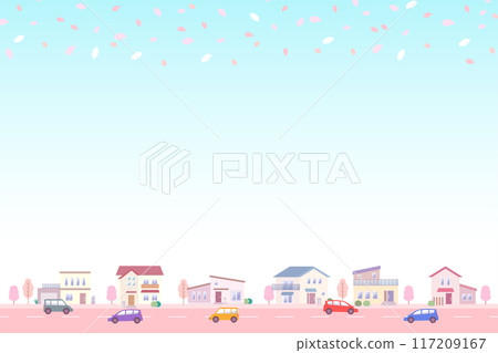 Illustration of a spring townscape with cherry blossoms falling. A residential area with rows of houses 117209167