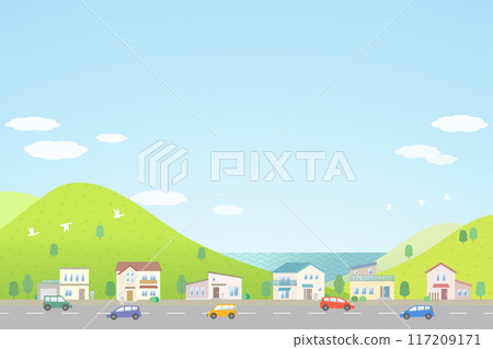 郊區城市景觀與海景的插圖 117209171
