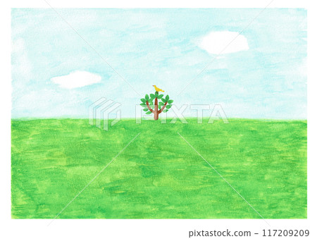 手繪水彩插畫草原、樹木和鳥類 117209209