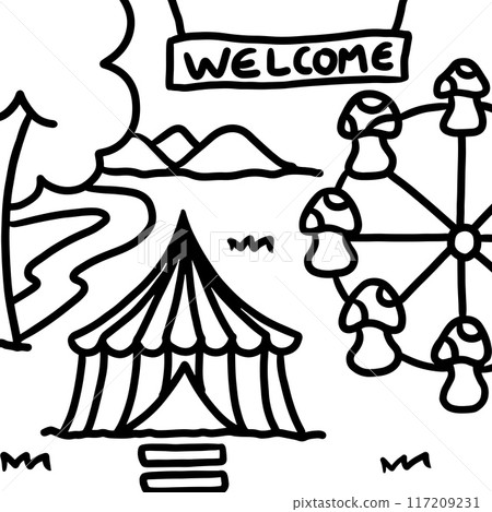 Hand drawn outlines of amusement park with circus tent, ferris wheel, welcome sign, grass, tree, mountain for colouring book, background, wallpaper, post card, landscape, scenery, holidays, weekend	 117209231