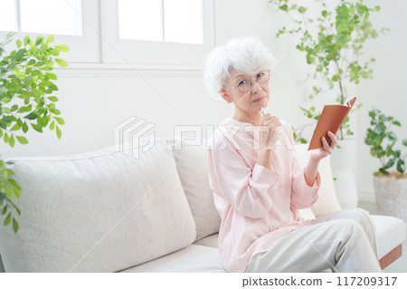 在筆記本上做筆記的高級女性 117209317