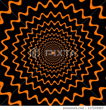 Psychedelic Halloween spiral pattern. Mesmerizing vector background with black and orange wavy lines gradually narrow towards the center, creating a sense of depth, visual illusion and movement 117209907