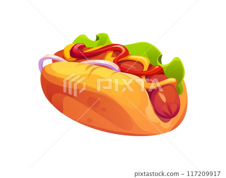 Cartoon fast food hot dog topped with mustard, ketchup, onion rings and fresh lettuce nestled in a soft bun. Isolated vector scrumptious mouth-watering treat with juicy sausage and fresh toppings 117209917