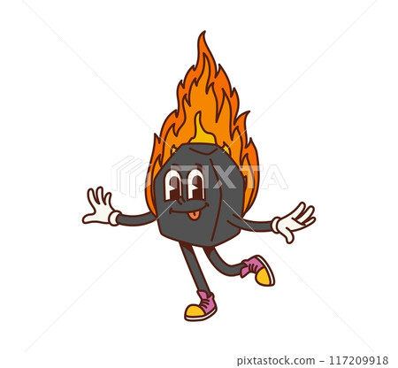Charcoal piece retro groovy barbeque character. Isolated cartoon vector playful bbq personage with lively eyes, big smile, and burning fire, pieces of coal, ready for barbecue party grilling and fun Charcoal piece retro groovy barbeque character. Isolated cartoon vector playful bbq personage with lively eyes, big smile, and burning fire, pieces of coal, ready for barbecue party grilling and fun 117209918