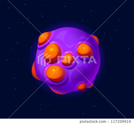 Cartoon fantasy alien space planet, galaxy game asset with purple surface dotted with vibrant orange bumps. Vector unique celestial body at night starry sky conveys a sense of wonder and exploration Cartoon fantasy alien space planet, galaxy game asset with purple surface dotted with vibrant orange bumps. Vector unique celestial body at night starry sky conveys a sense of wonder and exploration 117209919