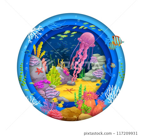 Paper cut underwater landscape with tropical fishes and undersea animals in vector water frame. Sea or ocean cartoon underwater world landscape in paper cut with coral reef jellyfish and starfish 117209931