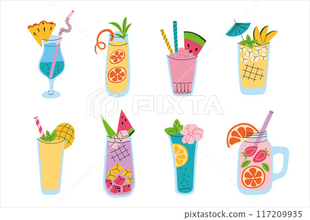 Set of vector illustrations, exotic summer drinks, cocktails and mocktails with pineapple, mango, watermelon. Mermaid lemonade, glasses and straws collection for parties, tropical resorts, bar menu Set of vector illustrations, exotic summer drinks, cocktails and mocktails with pineapple, mango, watermelon. Mermaid lemonade, glasses and straws collection for parties, tropical resorts, bar menu 117209935