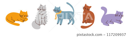 Cats of different colors and breeds, collection of vector illustrations with domestic animals. Cartoon pets set for pet shops, veterinarians. Cute flat design, Maine Coon, Siberian, Ragdoll kittens 117209937