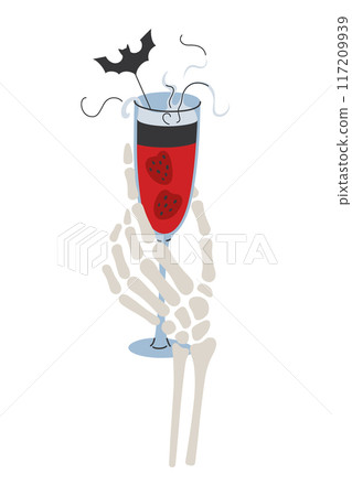 Vector illustration of a skeleton hand holding a Halloween red cocktail with a bat garnish. Spooky drink with strawberries, glass for Halloween celebrations and parties. Festive eerie spiritd Vector illustration of a skeleton hand holding a Halloween red cocktail with a bat garnish. Spooky drink with strawberries, glass for Halloween celebrations and parties. Festive eerie spiritd 117209939