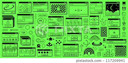 Y2k retro rave window browser sticker, old page with playful nostalgic icons on green toxic desktop screen. Vector stars, planets, rainbows, smile emoji, player or menu elements in funky vintage style Y2k retro rave window browser sticker, old page with playful nostalgic icons on green toxic desktop screen. Vector stars, planets, rainbows, smile emoji, player or menu elements in funky vintage style 117209941