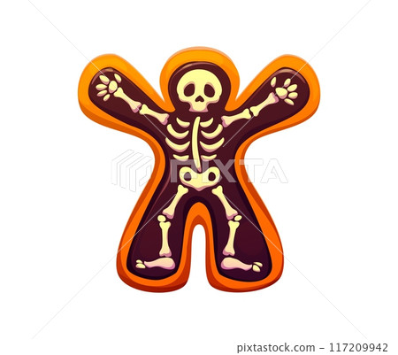 Cartoon Halloween holiday skeleton gingerbread cookie sweets and dessert. Isolated vector festive patisserie, trick or treat funny pastry dessert for kids party, creepy and eerie confectionery product 117209942