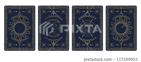 Tarot cards with magic occult and esoteric symbols and mystic signs, vector reverse decks. Tarot cards with golden line sun, moon crescent and star in celestial frames with sacred geometry design Tarot cards with magic occult and esoteric symbols and mystic signs, vector reverse decks. Tarot cards with golden line sun, moon crescent and star in celestial frames with sacred geometry design 117209952